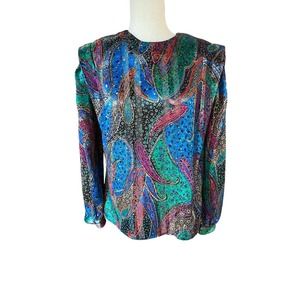 Vintage Secretary Blouse Top Pleated Shoulders Medium‎ Vintage 80s Boxy Dramatic